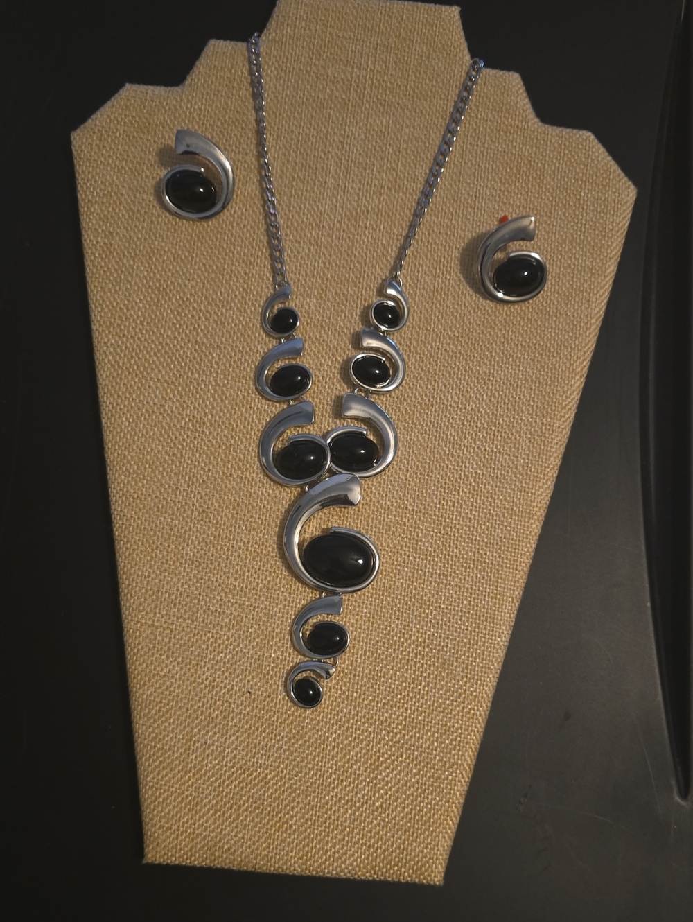 Sterling Silver Look Black Onyx Pendant Necklace and Earring Set